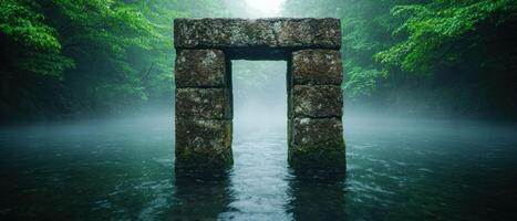 Mysterious stone archway in misty forest photo