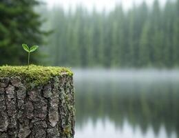 Lone sapling growing on mossy tree stump in serene forest photo