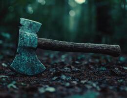 Weathered axe embedded in log in dark forest photo