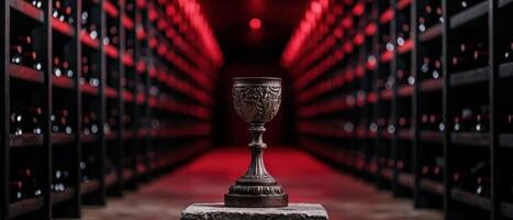 Ornate silver chalice in a dramatic red and black setting photo