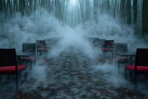 Mysterious forest path with fog and chairs photo