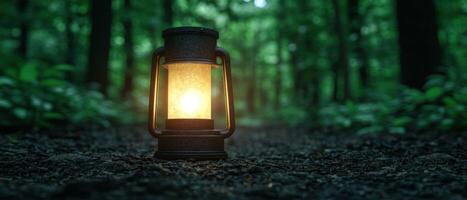 Glowing lantern in the dark forest photo