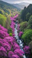 Azalea blossoms carpet hillsides near mountain streams, photorealistic photo