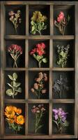 Botanicals arranged in a grid pattern inside shadow boxes, photorealistic photo