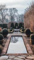 Boxwood hedges define structured garden spaces amid winter storms, photorealistic photo