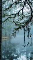 Cypress branches frame the misty edges of ponds, adding depth through winter fog, wallpaper photo