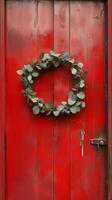 Eucalyptus branches woven into a circle on front door surface, photorealistic photo