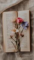 Flowers pressed into bookmarks between pages, photorealistic photo