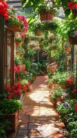 Geranium blooms spill from window boxes above garden paths, photorealistic photo