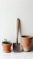 Hand trowel and spade arranged beside terracotta pots, photorealistic photo