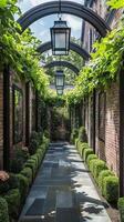 Hedge rows outline defined garden rooms near red brick walls, photorealistic photo
