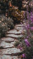 Lavender stalks wave through herb gardens near stone paths, photorealistic photo