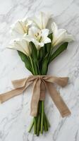 Lilies bound with a burlap ribbon on a marble table surface, photorealistic photo
