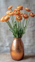 Ranunculus in a copper vessel with stems on a burlap surface, photorealistic photo