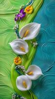 Calla lilies and orchids with beads woven through stems, photorealistic wallpaper photo