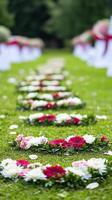 Flower circles laid on grass creating a ceremony aisle, wallpaper art photo