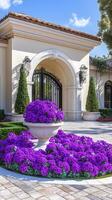 Foundation plantings frame building bases near entrances, wallpaper art photo