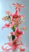 Lilies and orchids with ribbons flowing from wrapped base, photorealistic wallpaper photo