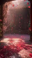 Plum petals scatter across temple courtyards in morning light, wallpaper art photo