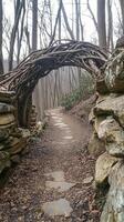 Sassafras branches frame garden paths, adding depth beside weathered rock walls, wallpaper art photo