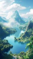 Water flows around bend toward distant mountains , wallpaper art photo