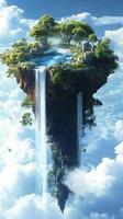 Waterfalls pouring from floating rocks into chasms , wallpaper art photo