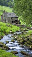 Water wheels turn beside stone mills near streams in the countryside , photorealistic photo