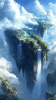 Waterfalls pouring from floating rocks into chasms , photorealistic photo