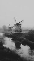 Windmills stand on plains with canals crossing through Netherlands fields , photorealistic photo