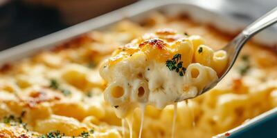 Close-up of a spoonful of mac and cheese lifted from dish, food photography photo