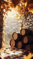 Wine barrels stack inside stone cellar beneath vines , photorealistic wallpaper photo