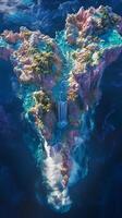 Waterfalls cascade off floating islands into space , photorealistic wallpaper photo