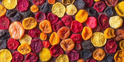 Close-up of various dried fruits displayed in a random pattern, food photography photo