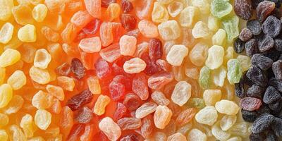 Close-up of various dried fruits displayed in a random pattern, culinary photography photo