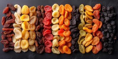 Collection of dried fruits displayed evenly across a smooth surface, culinary photography photo