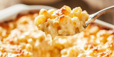 Close-up of a spoonful of mac and cheese lifted from dish, photorealistic food photo