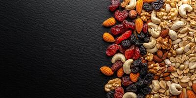 Close-up view of a few almonds lying side by side in a line, photorealistic food photo