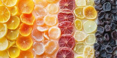Close-up of various dried fruits displayed in a random pattern, gastronomy photography photo
