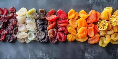 Collection of dried fruits displayed evenly across a smooth surface, photorealistic food photo