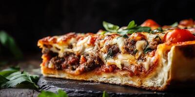 Close-up of a slice of deep-dish pizza showing layers of toppings and crust, meal photography photo