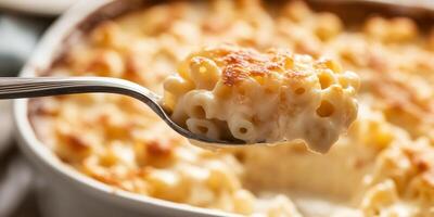 Close-up of a spoonful of mac and cheese lifted from dish, food setting photo