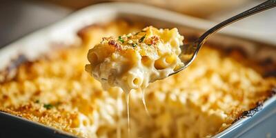 Close-up of a spoonful of mac and cheese lifted from dish, meal photography photo