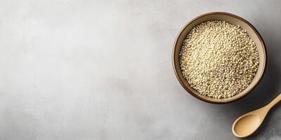 Close-up of quinoa arranged in a flat, wide-rimmed bowl with a simple utensil beside it, food setting photo