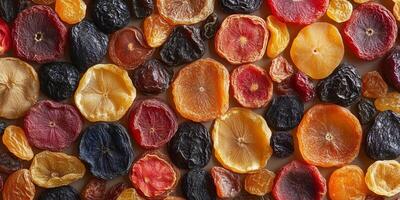 Close-up of various dried fruits displayed in a random pattern, meal photography photo