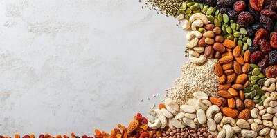 Collection of nuts, seeds, and dried fruits arranged in a semi-circle, meal photography photo