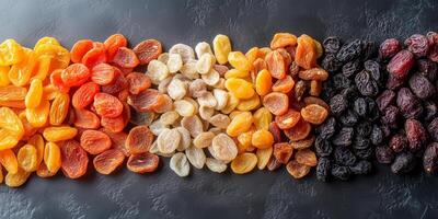 Collection of dried fruits displayed evenly across a smooth surface, food setting photo