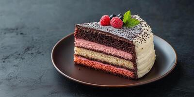 Multi-layer cake on a flat plate with minimal decoration, food photography photo