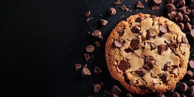 Chocolate chip cookie close-up showing its texture and embedded chocolate chips, culinary photography photo