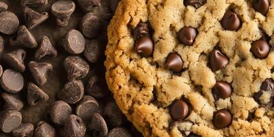 Chocolate chip cookie close-up showing its texture and embedded chocolate chips, food photography photo