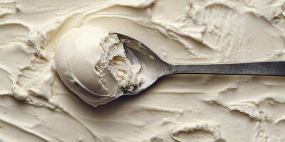 Close-up of a melting ice cream scoop, showing soft edges and textured surface, food photography photo